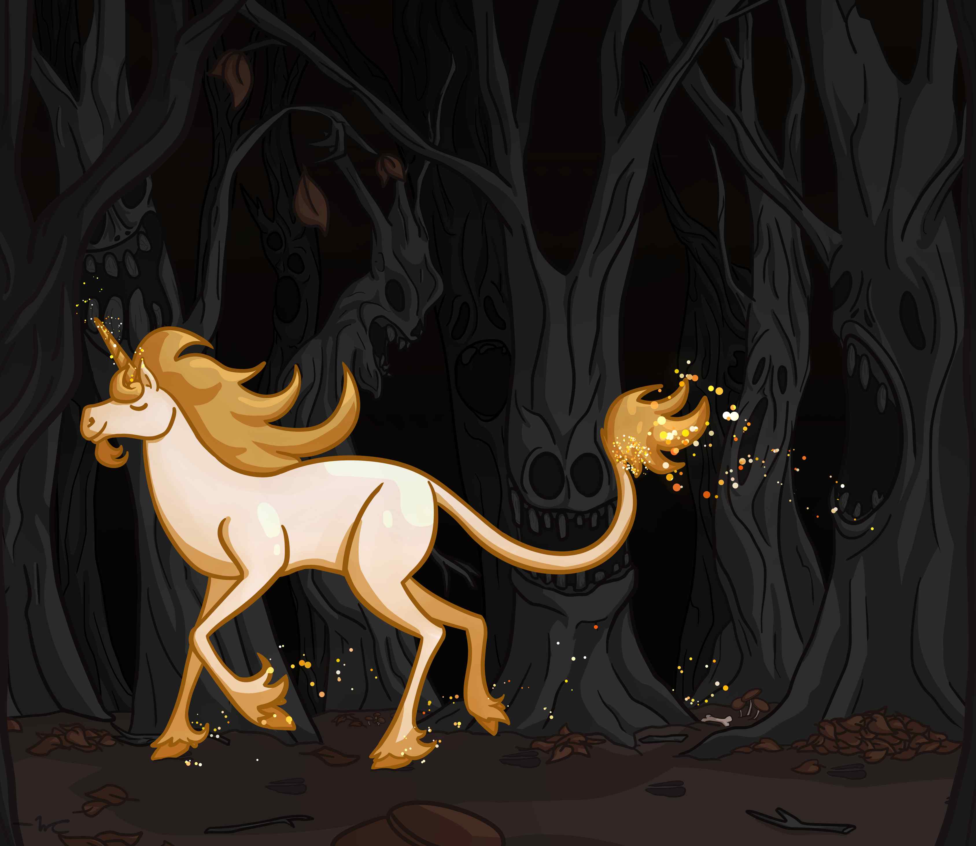 A digital cartoon drawing of a white and gold unicorn trotting through a haunted forest. The trees have scary faces. There is a sharp contrast between the dark background and the unicorn. 
